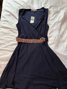 Planet Gold Navy Wrap Dress with Colorful Embroidered Belt